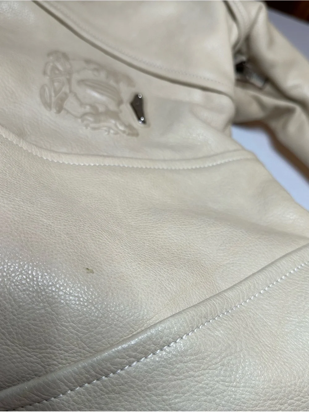 Cream Leather Shoulder Hobo Bag with Embossed Crest